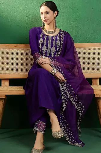zari embroidered a-line kurta sets