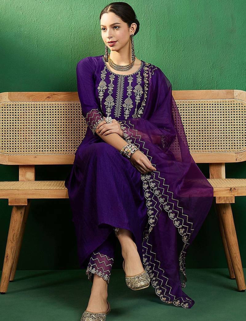 zari embroidered a-line kurta sets