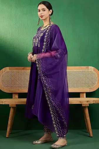 zari embroidered a-line kurta sets