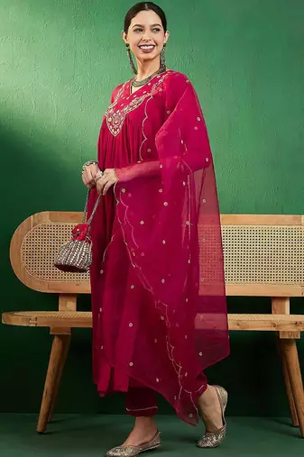embroidered a-line kurta with trouser & dupatta