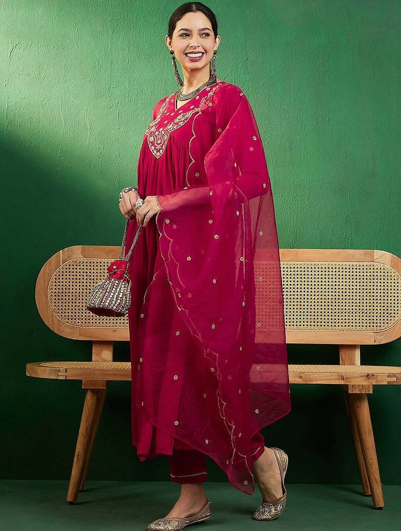 embroidered a-line kurta with trouser & dupatta
