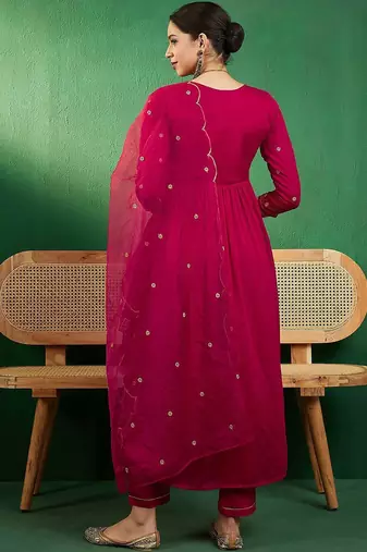 embroidered a-line kurta with trouser & dupatta
