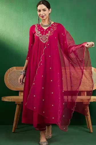 sequence thread embroidered kurta with trousers & dupatta