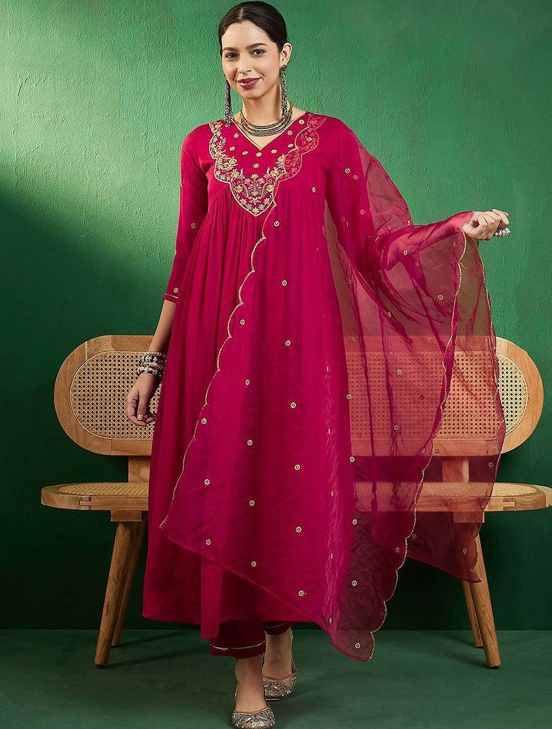 sequence thread embroidered kurta with trousers & dupatta