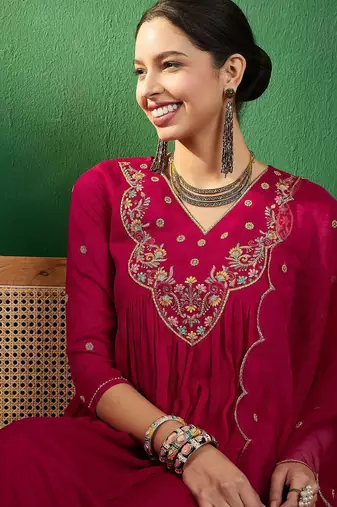 sequence thread embroidered kurta with trousers & dupatta
