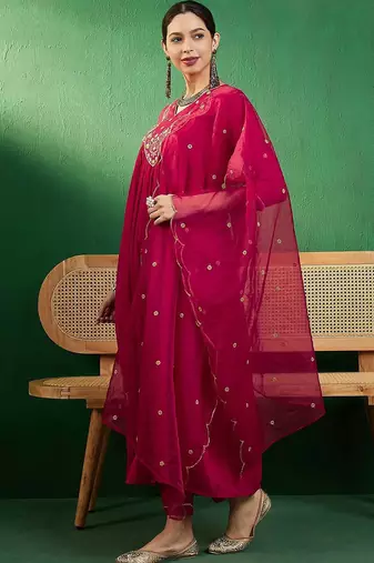 sequence thread embroidered kurta with trousers & dupatta
