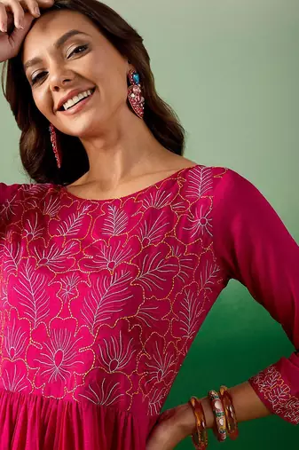 pink floral embroidered round neck pleated straight kurta & trouser