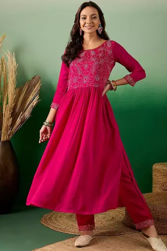 pink floral embroidered round neck pleated straight kurta & trouser