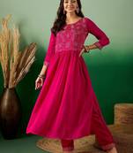 pink floral embroidered round neck pleated straight kurta & trouser