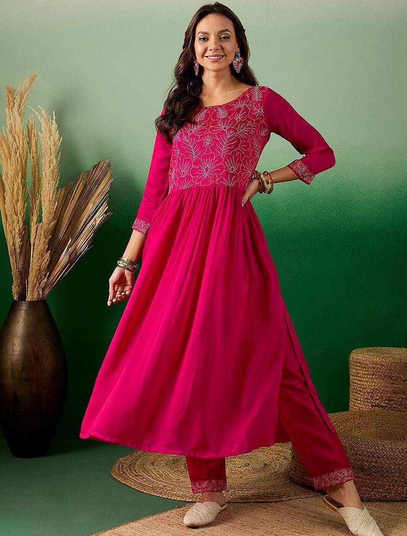 pink floral embroidered round neck pleated straight kurta & trouser