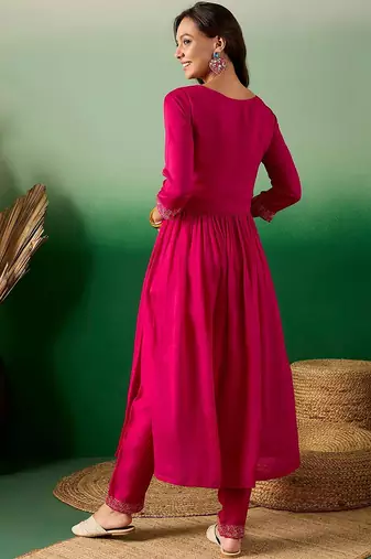 pink floral embroidered round neck pleated straight kurta & trouser