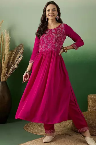 thread embroidered anarkali kurta with trousers