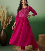 thread embroidered anarkali kurta with trousers