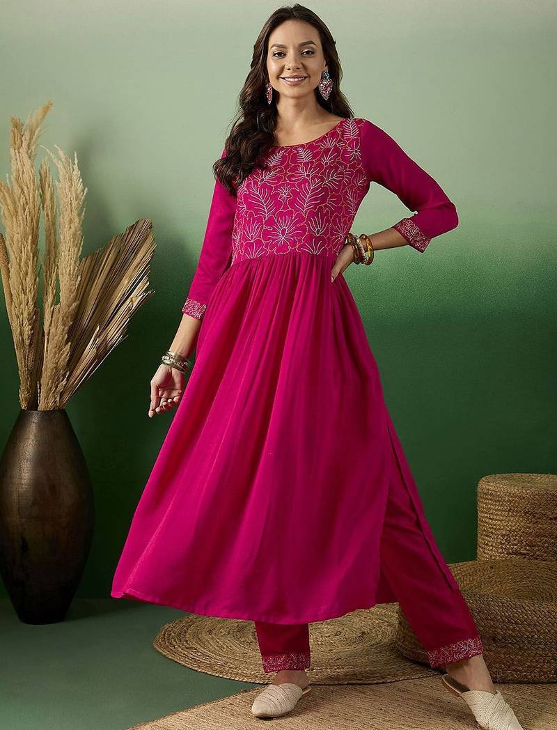 thread embroidered anarkali kurta with trousers