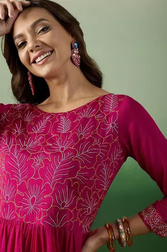 thread embroidered anarkali kurta with trousers