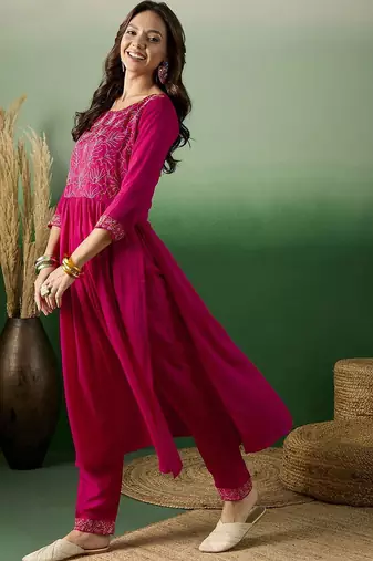 thread embroidered anarkali kurta with trousers