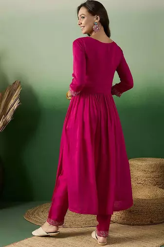 thread embroidered anarkali kurta with trousers
