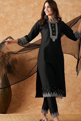embroidered straight kurta with trouser & dupatta
