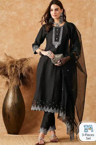 embroidered straight kurta with trouser & dupatta