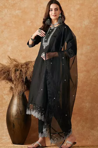 embroidered straight kurta with trouser & dupatta
