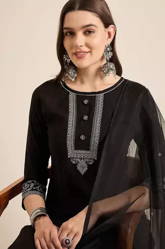 women ethnic motifs embroidered straight kurta with trousers & dupatta