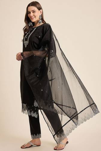 women ethnic motifs embroidered straight kurta with trousers & dupatta