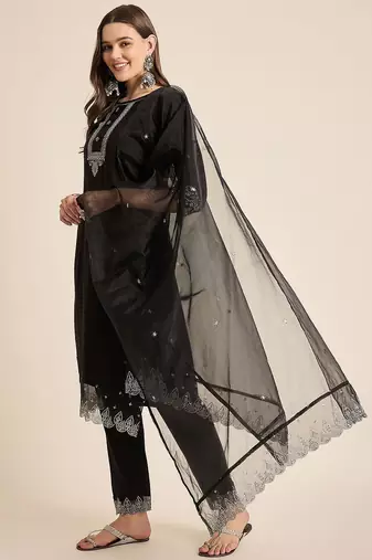 women ethnic motifs embroidered straight kurta with trousers & dupatta