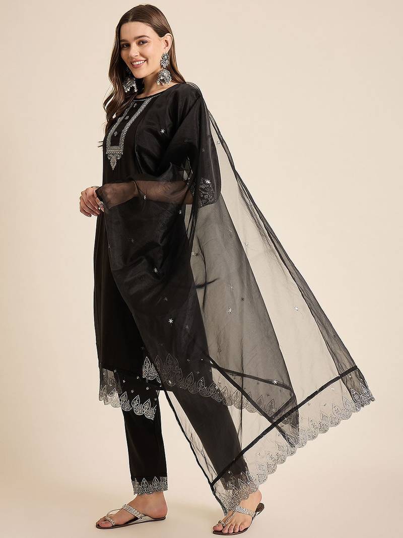 women ethnic motifs embroidered straight kurta with trousers & dupatta