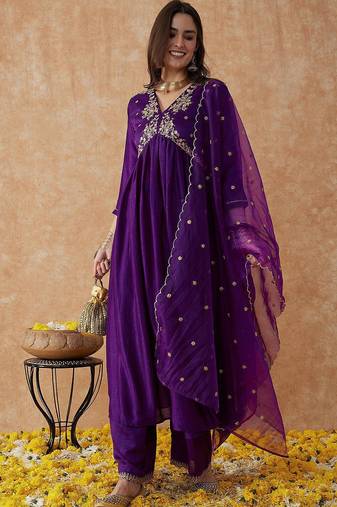 printed flared sleeves kurta & trousers with dupatta