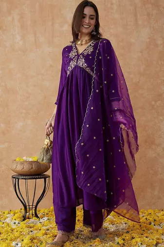 printed flared sleeves kurta & trousers with dupatta