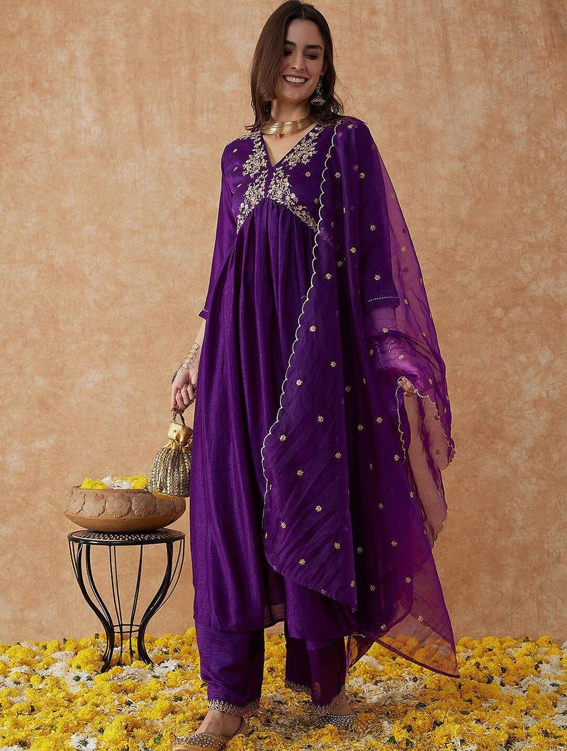 printed flared sleeves kurta & trousers with dupatta