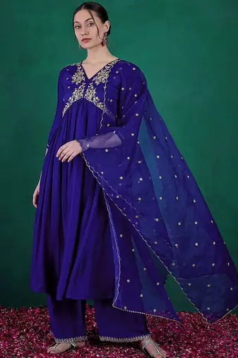 blue floral embroidered sequinned v-neck a-line kurta with palazzo & dupatta