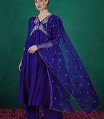 blue floral embroidered sequinned v-neck a-line kurta with palazzo & dupatta