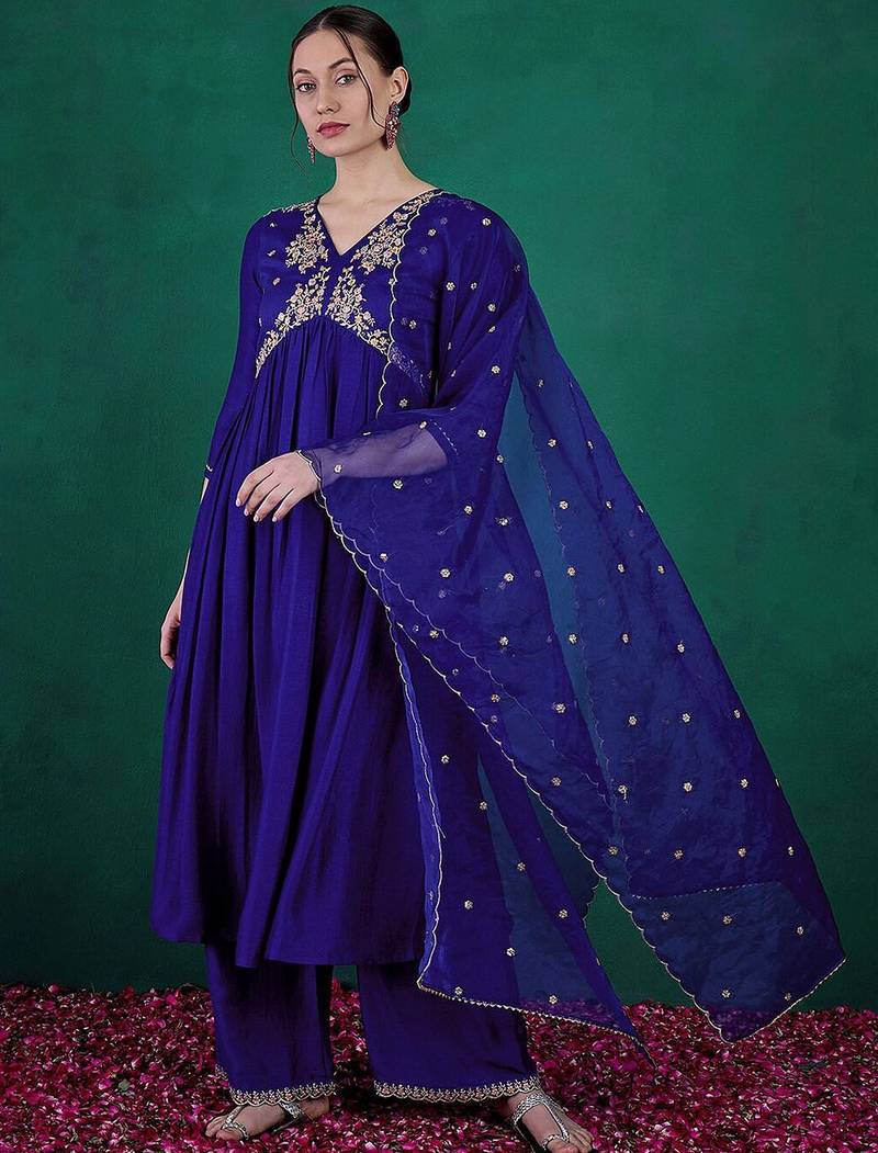 blue floral embroidered sequinned v-neck a-line kurta with palazzo & dupatta