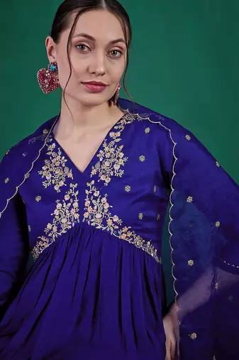 blue floral embroidered sequinned v-neck a-line kurta with palazzo & dupatta