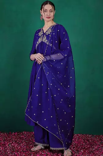 blue floral embroidered sequinned v-neck a-line kurta with palazzo & dupatta
