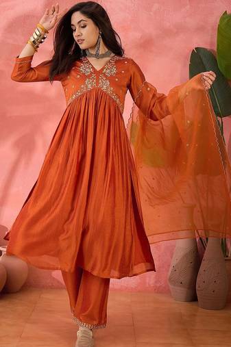 orange floral embroidered v-neck a-line kurta with trousers and dupatta