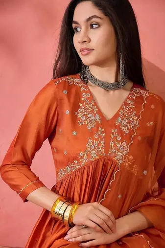 orange floral embroidered v-neck a-line kurta with trousers and dupatta