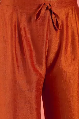 orange floral embroidered v-neck a-line kurta with trousers and dupatta