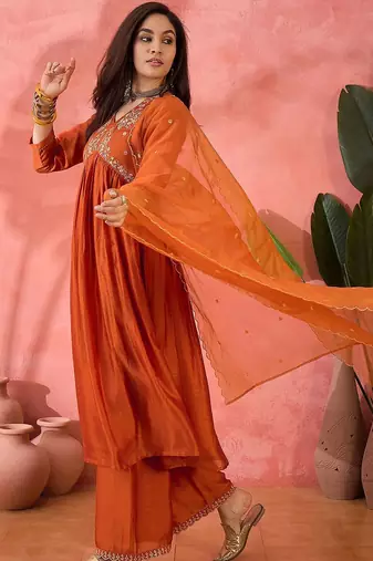 orange floral embroidered v-neck a-line kurta with trousers and dupatta