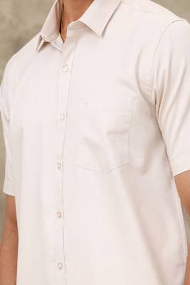 beige classic short sleeve cotton blend men's shirt with veshti 2