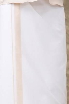 beige classic short sleeve cotton blend men's shirt with veshti 3