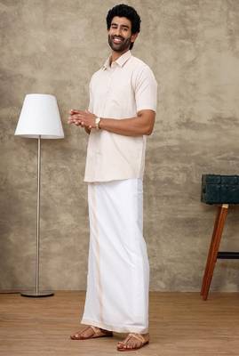 beige classic short sleeve cotton blend men's shirt with veshti 1