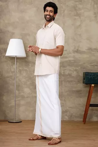 Beige short sleeves shirt with veshti - cotton blend fabric - shirt with veshti