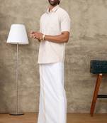 Beige short sleeves shirt with veshti - cotton blend fabric - shirt with veshti