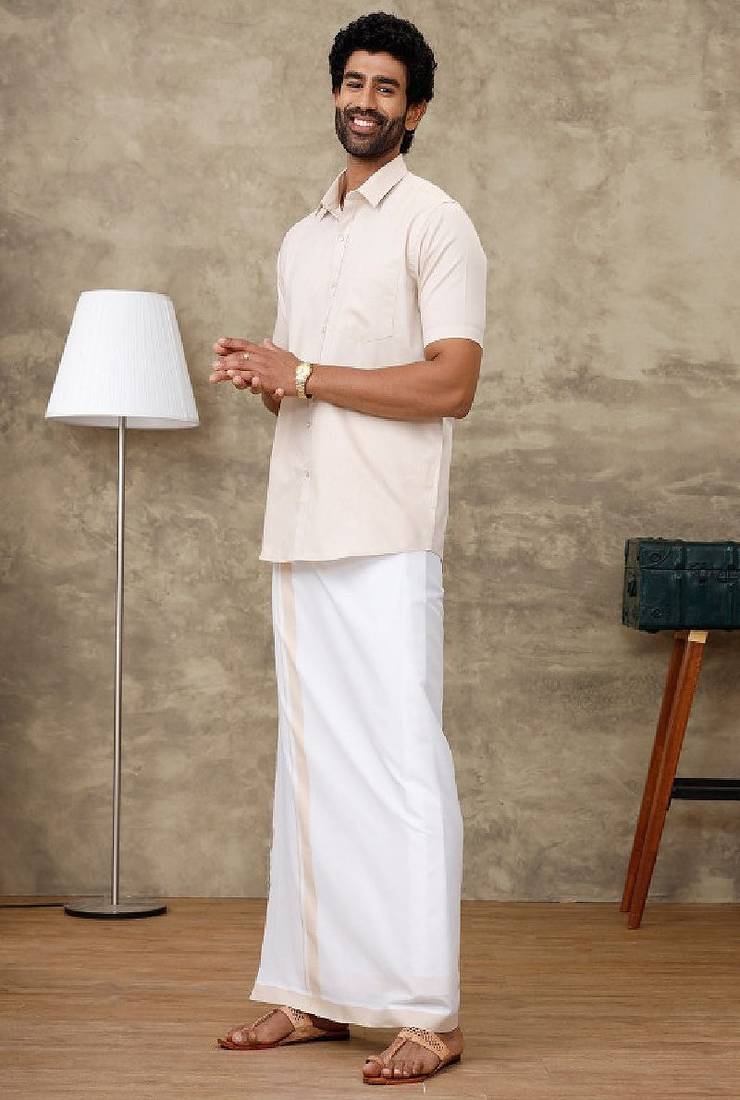 Beige short sleeves shirt with veshti - cotton blend fabric - shirt with veshti