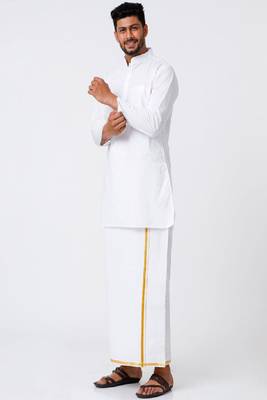 white cotton men's straight dhoti kurta set with zari work 1