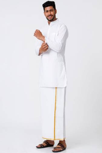 White zari cotton straight dhoti kurta set