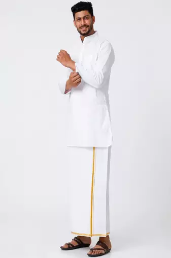 White zari cotton straight dhoti kurta set