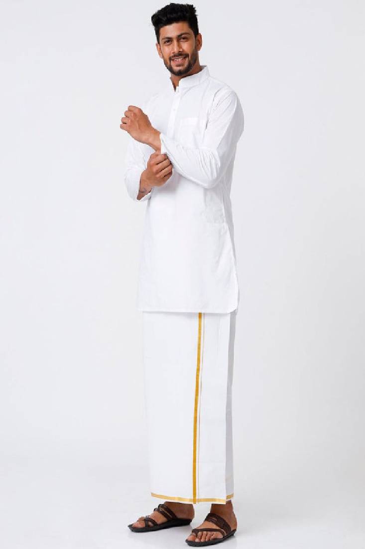 White zari cotton straight dhoti kurta set
